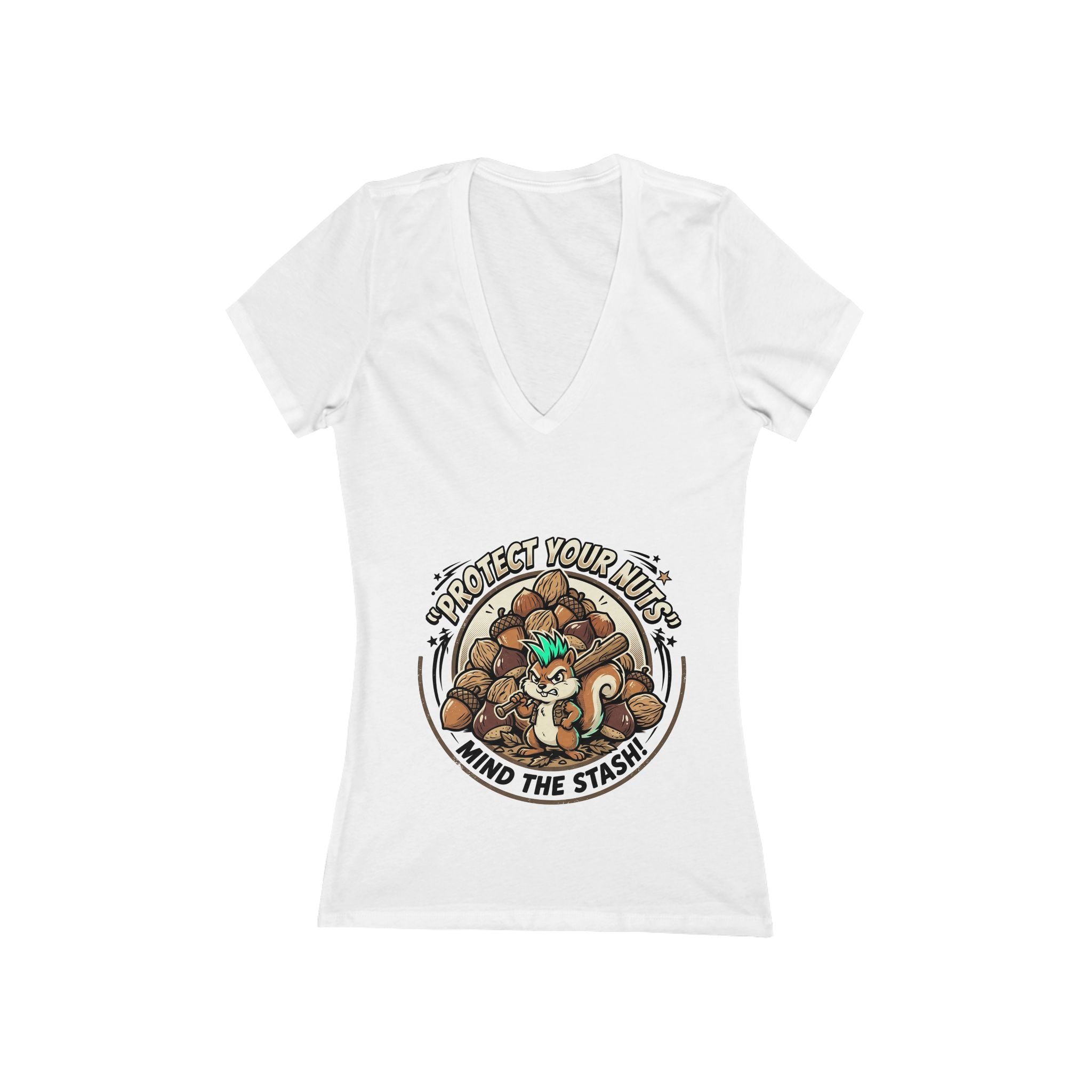 Women's V-Neck Tee — "Protect Your Herbs, Mind the Stash" Cat & Mushroom Graphic