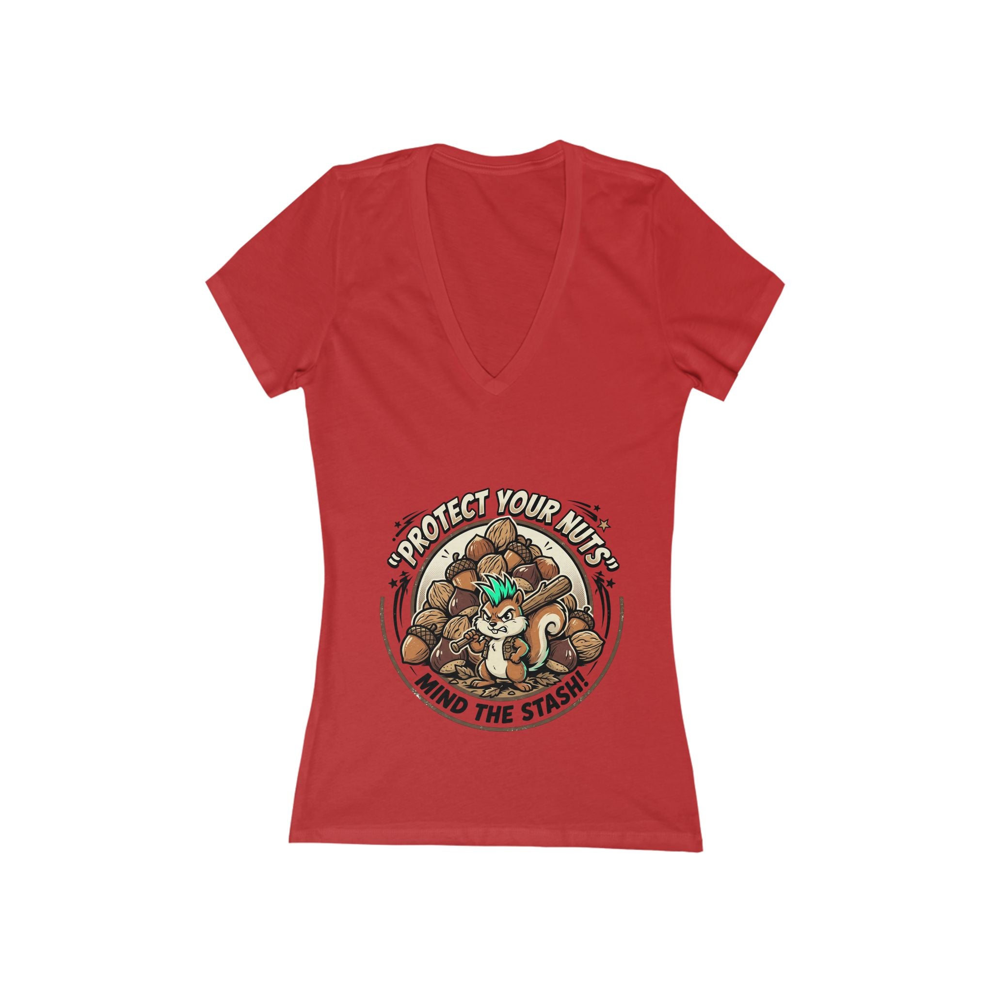 Women's V-Neck Tee — "Protect Your Herbs, Mind the Stash" Cat & Mushroom Graphic