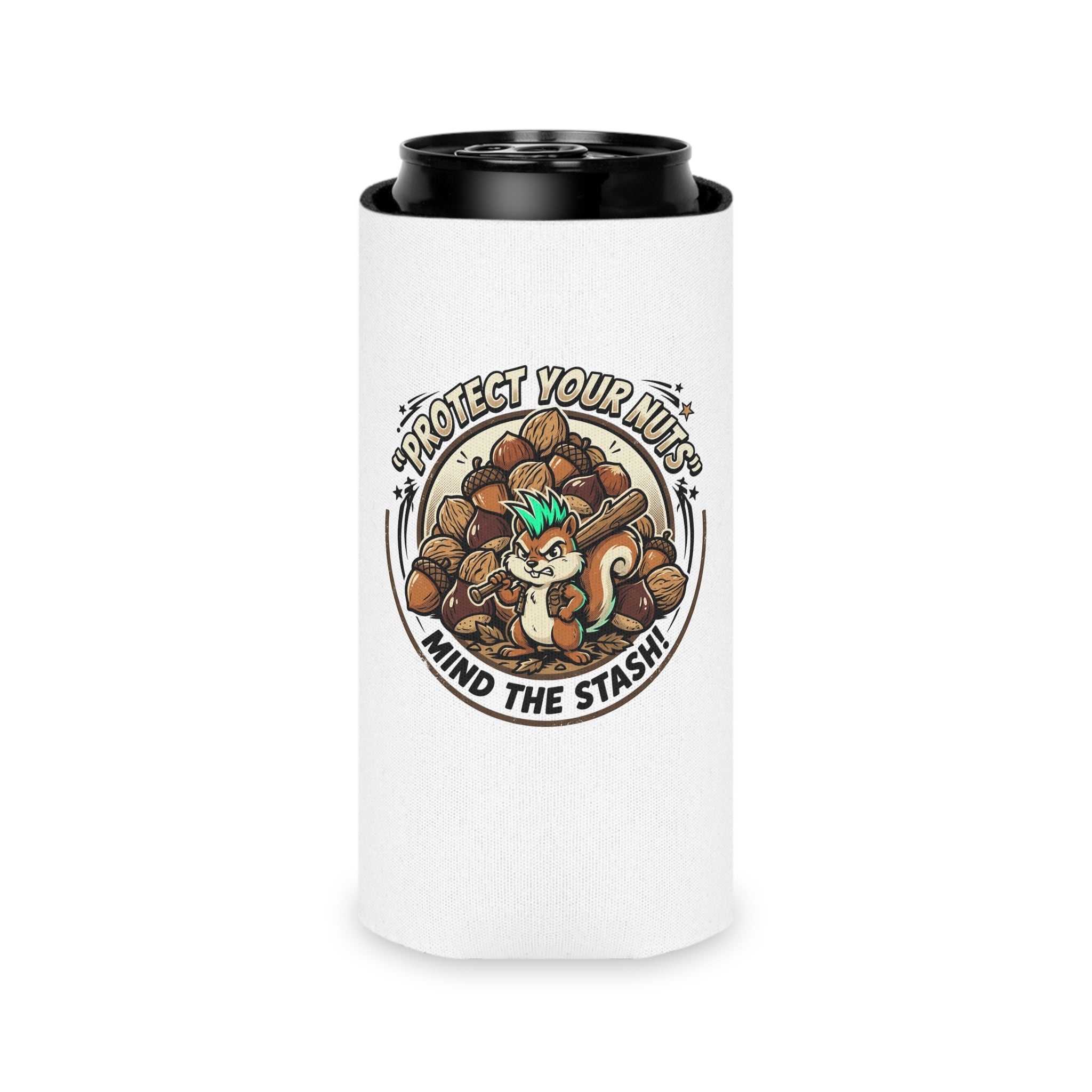 Can Cooler — “Protect Your Nuts” Squirrel Can Cooler | Funny Outdoor Drink Koozie
