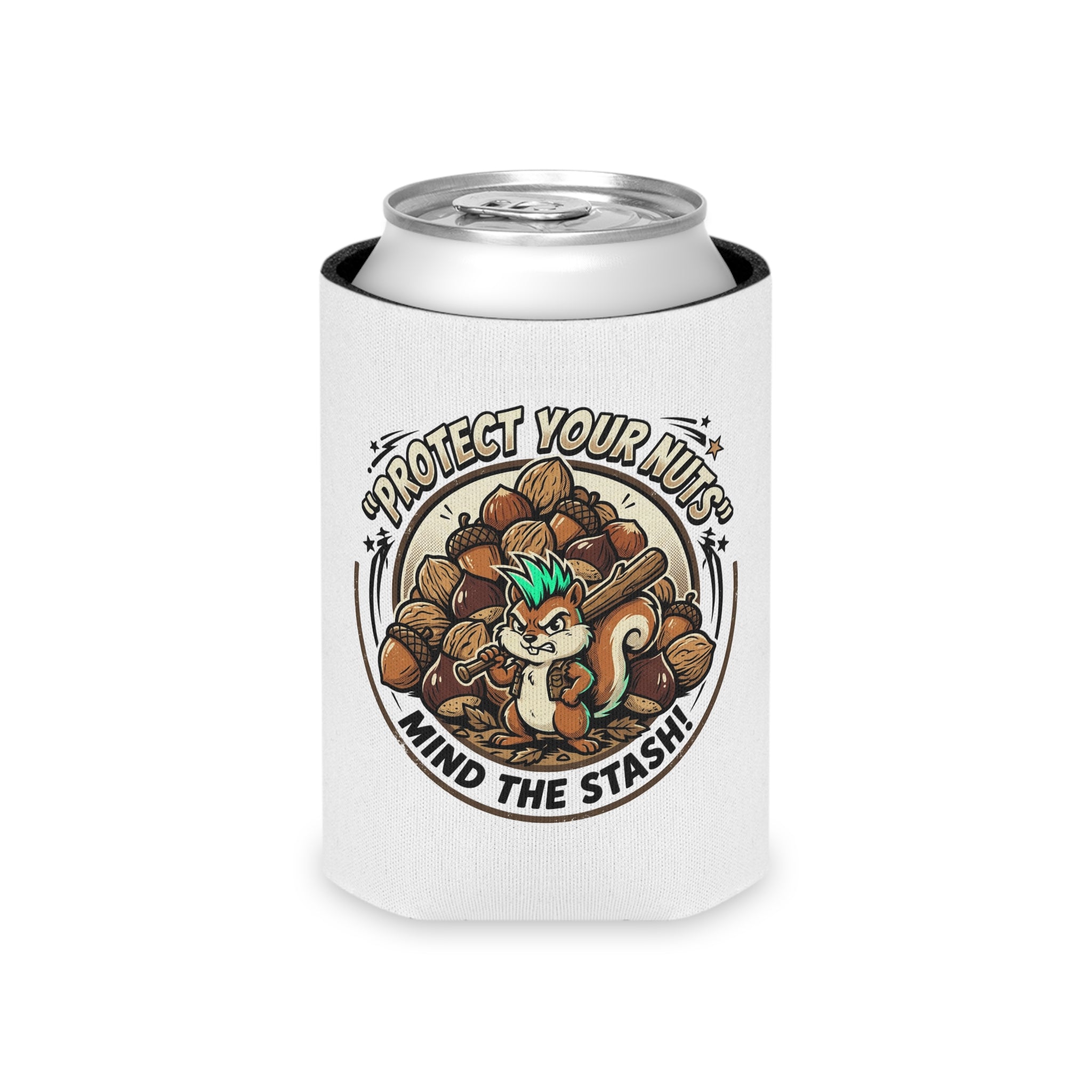 Can Cooler — “Protect Your Nuts” Squirrel Can Cooler | Funny Outdoor Drink Koozie